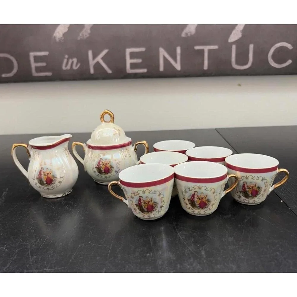Vintage Italian Lusterware Tea Set Courting Couple‎ Burgundy Gold 8pc OS